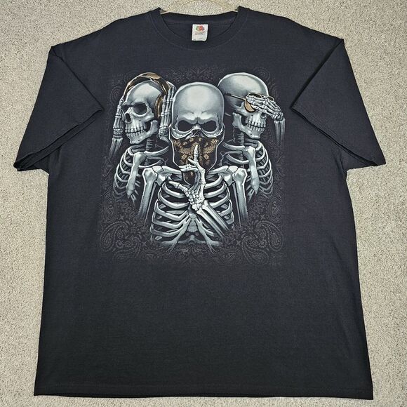 VTG Hear No Speak No See No Evil Skulls Tee‎ 2XL Black FRUIT OF THE LOOM Y2K - Picture 1 of 7